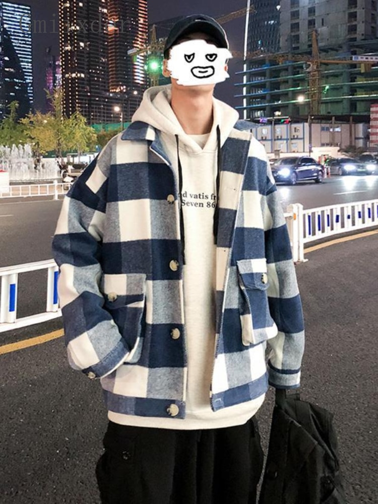Gmiixder Winter Hip Hop Woolen Coat Men&s Short Hong Kong Style Trend Jacket Loose Handsome Youth Lapel Plaid Thickened Jackets